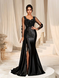 Elegant Sequin Bodice Sheer Sleeves Mermaid Hem Satin Evening Dress