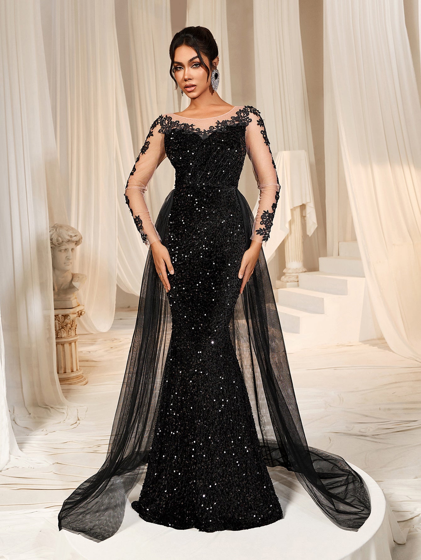 Elegant Sheer Sleeves Mesh Train Sequin Evening Dress