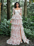 Elegant Ruffle Trim Sweetheart Neck Layered Floral Organza Prom Dress