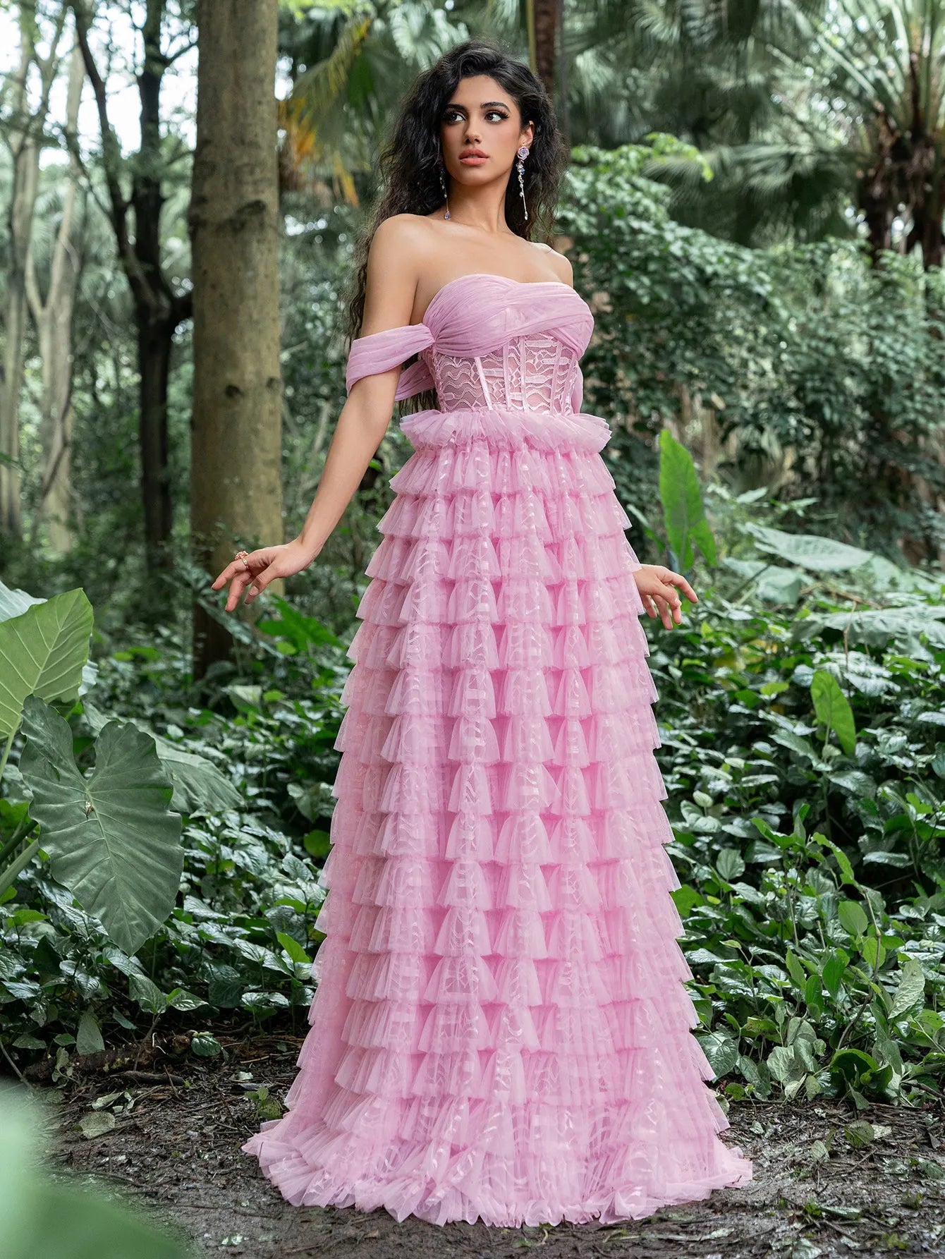 Gorgeous Off-Shoulder Bodice Cascading Ruffle Hem Prom Dress