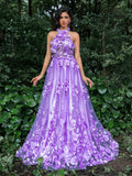 Elegant Floral Appliques Halter Neck Formal Prom Dress