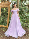 Elegant Off Shoulder Ruched Bust Split Thigh Tulle Prom Dress - Elonnashop