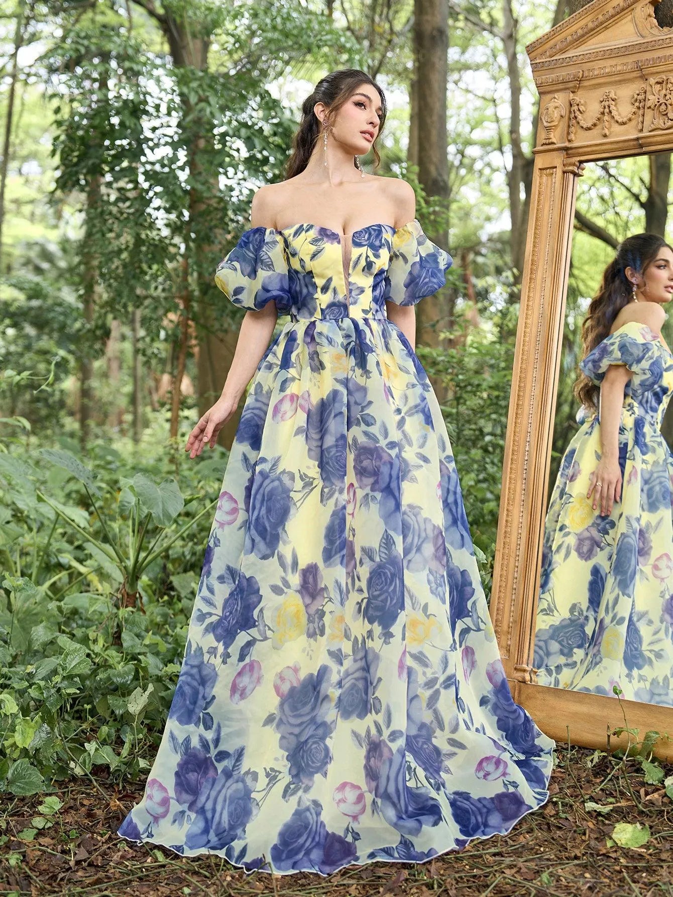 Elegant Floral Organza Off Shoulder Puff Sleeves Evening Dress - Elonnashop