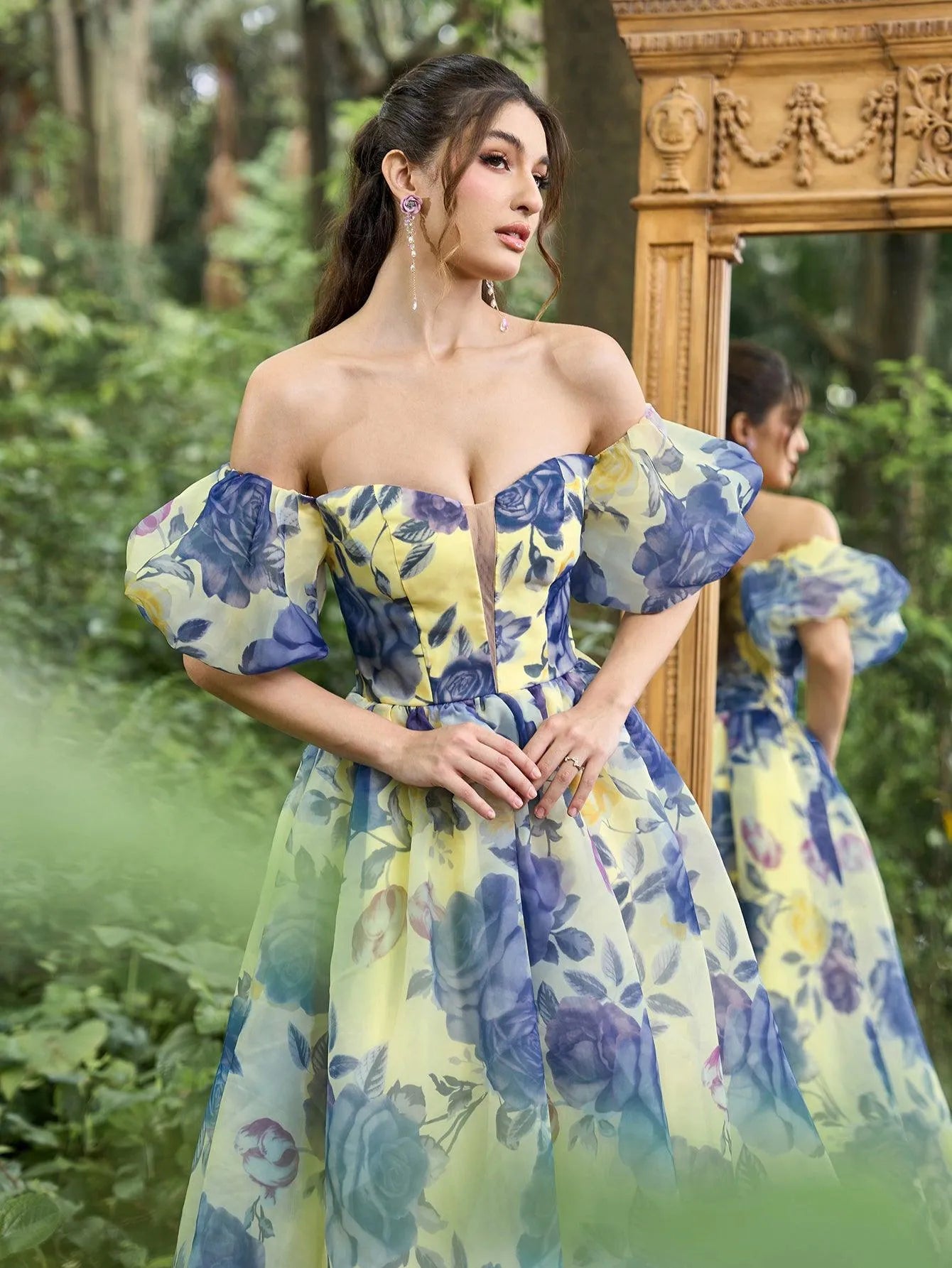 Elegant Floral Organza Off Shoulder Puff Sleeves Evening Dress - Elonnashop