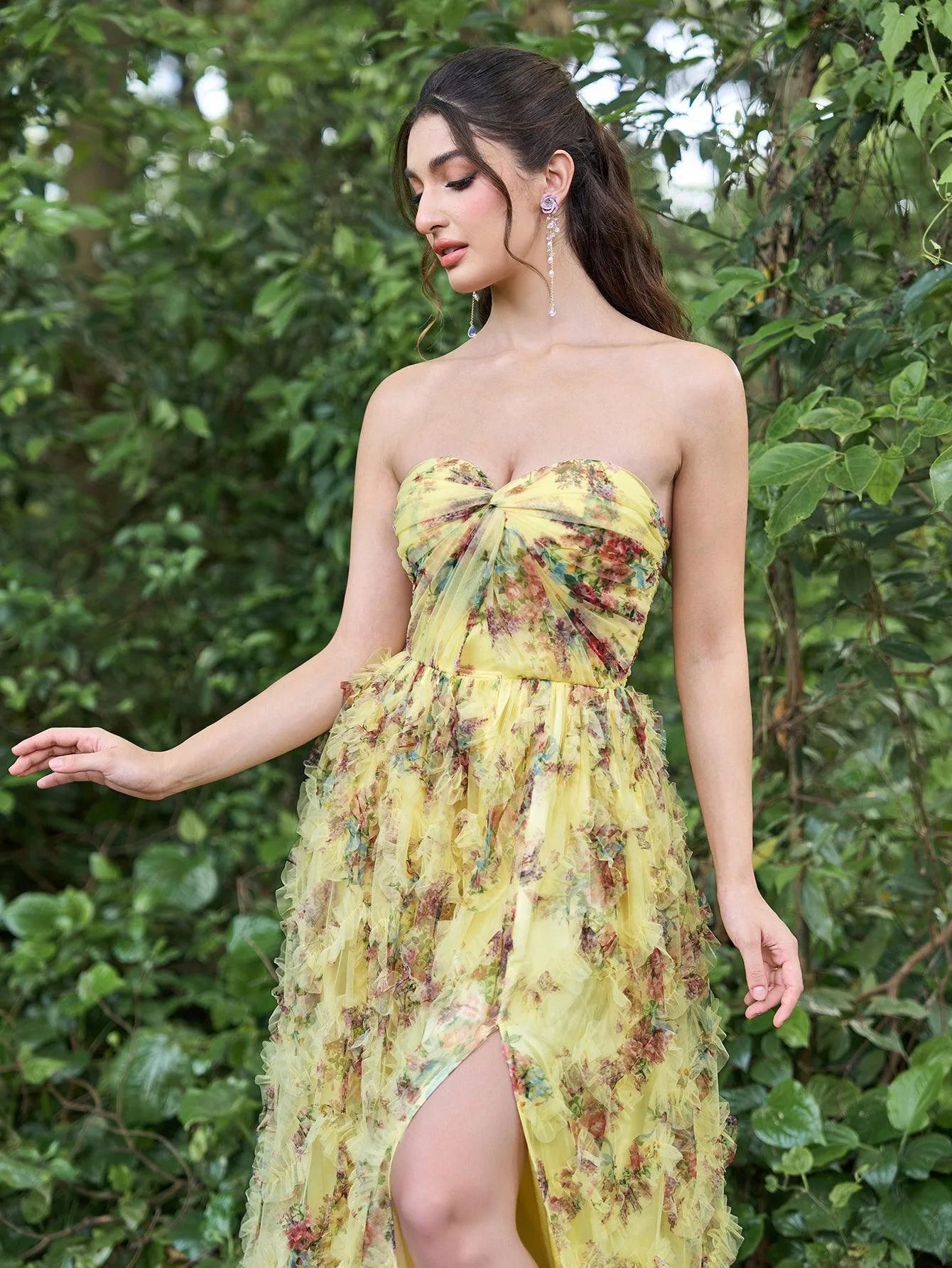 Floral Tulle Ruched Bustier Ruffle Trim Split Party Tube Dress - Elonnashop