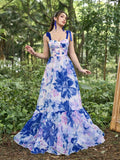 Elegant Floral Organza Sleeveless Tie Shoulder Evening Dress - Elonnashop