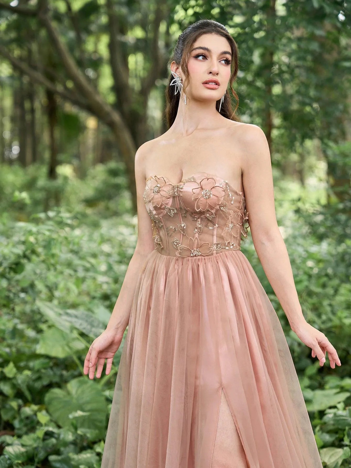 Gorgeous Strapless Applique Detail Bustier Split Tulle Prom Dress - Elonnashop