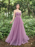 Elegant Strapless Floral Applique Detail Bustier Tulle Prom Dress - Elonnashop