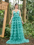 Elegant Plunging Neck Ruffle Layered Hem Floral Tulle Slip Prom Dress - Elonnashop