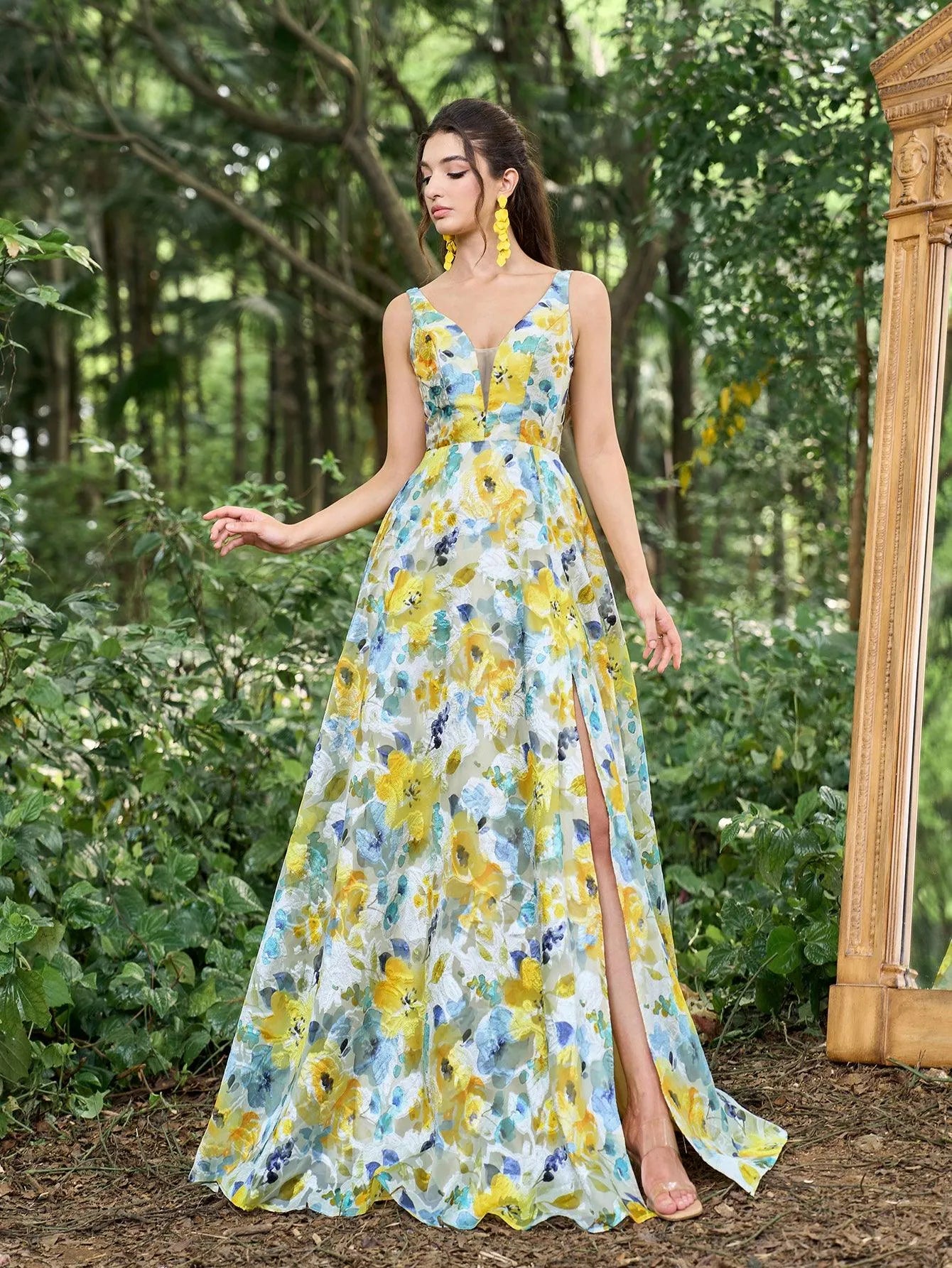 Elegant Plunging Neck Backless Floral Jacquard Split Prom Dress - Elonnashop