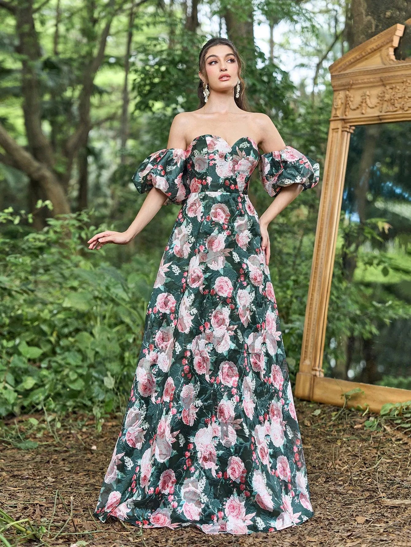 Floral Jacquard Off Shoulder Puff Sleeves Prom Dress - Elonnashop