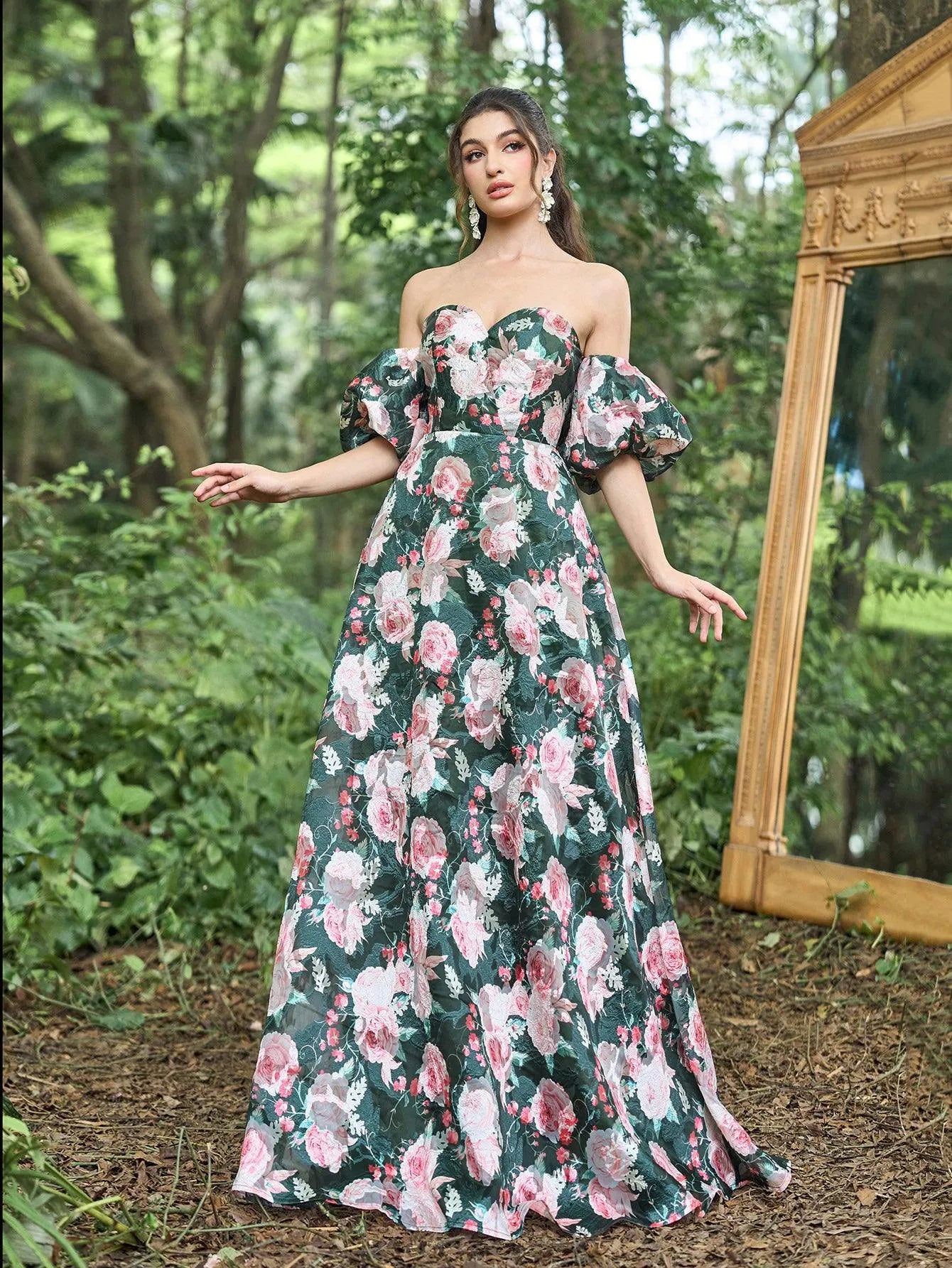 Floral Jacquard Off Shoulder Puff Sleeves Prom Dress - Elonnashop