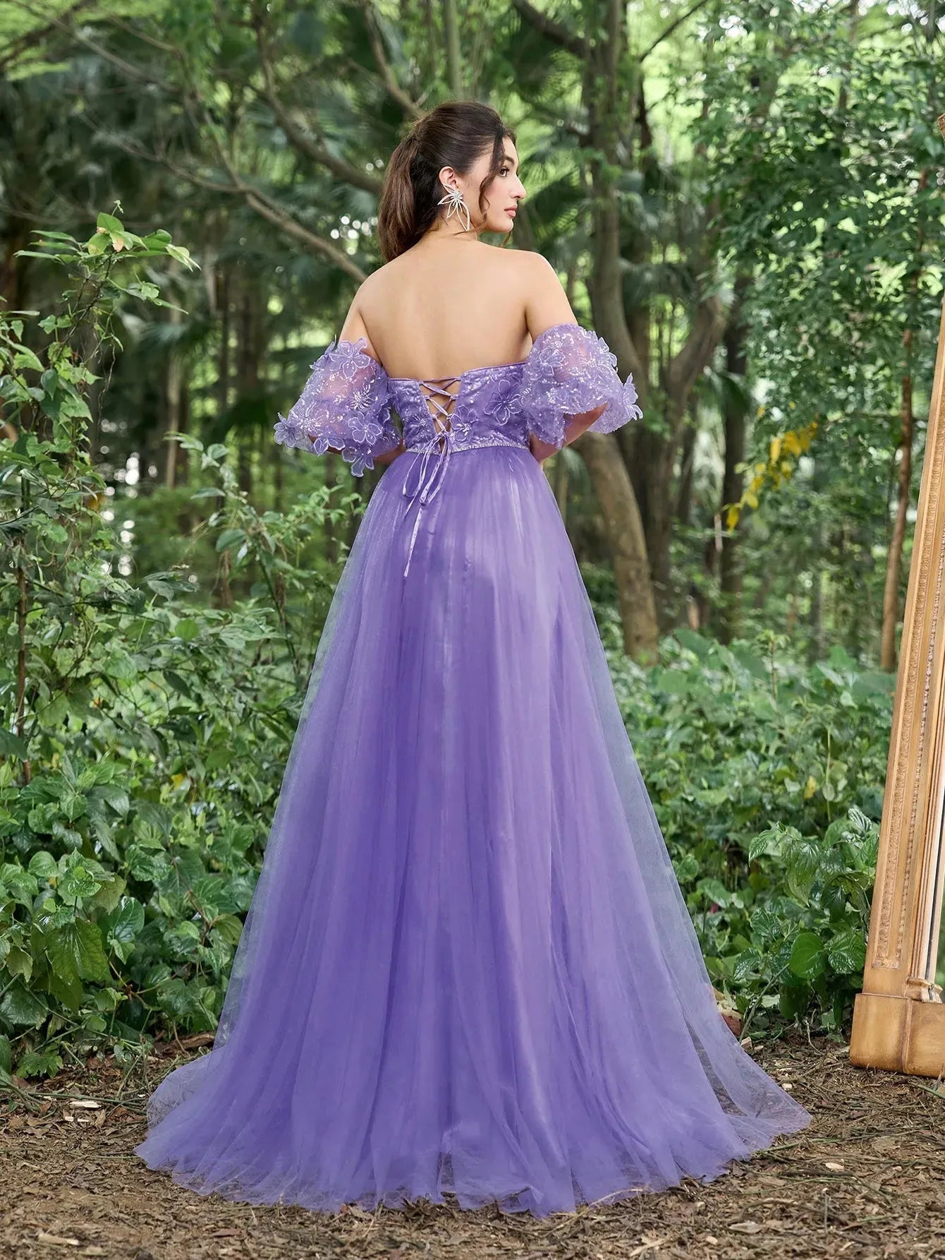 Gorgeous Off Shoulder Applique Detail Beaded Bodice Puff Sleeves Tulle Prom Dress