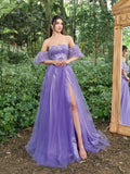 Gorgeous Off Shoulder Applique Detail Beaded Bodice Puff Sleeves Tulle Prom Dress