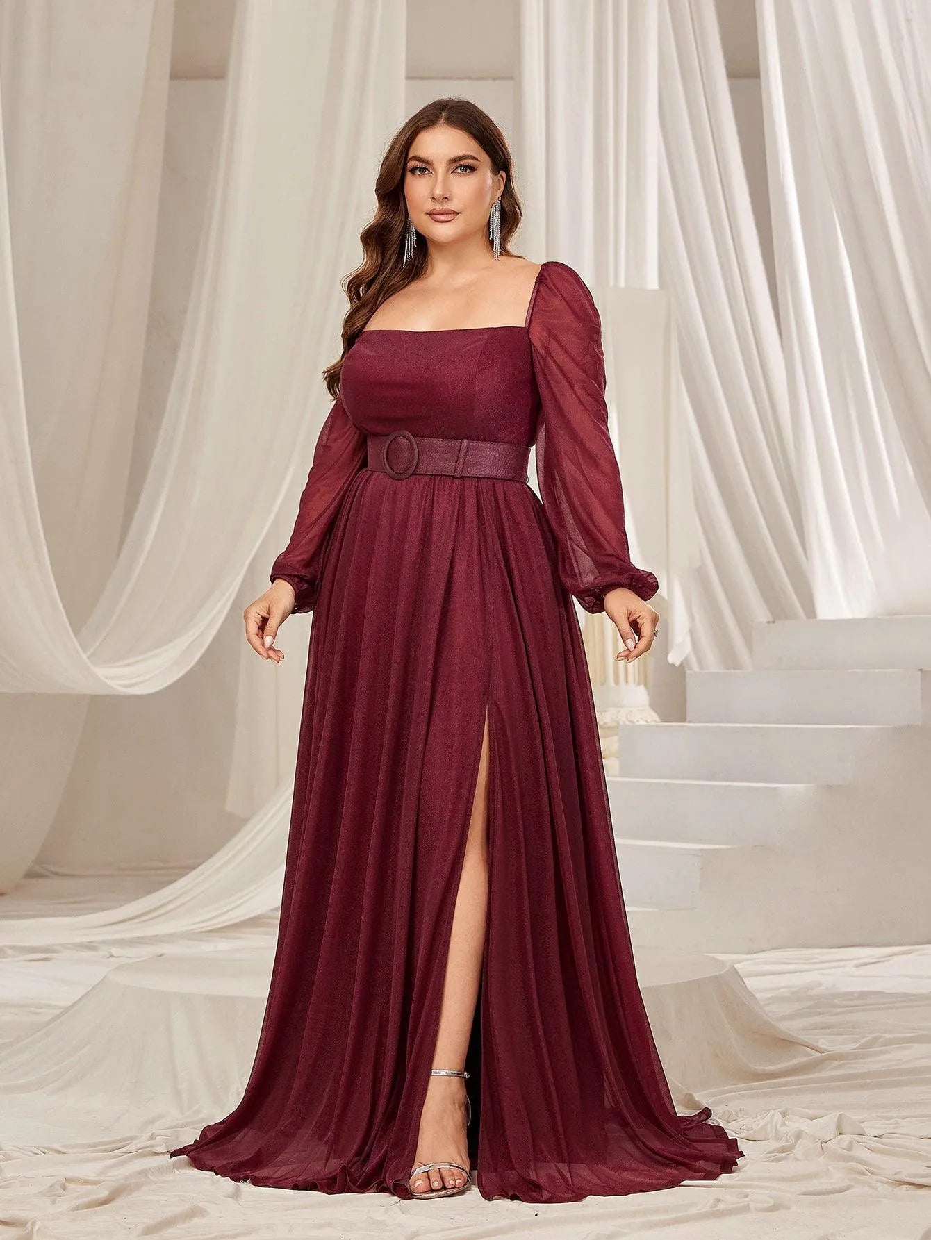 Plus Square Neck Lantern Sleeves Split Thigh Evening Dress - Elonnashop