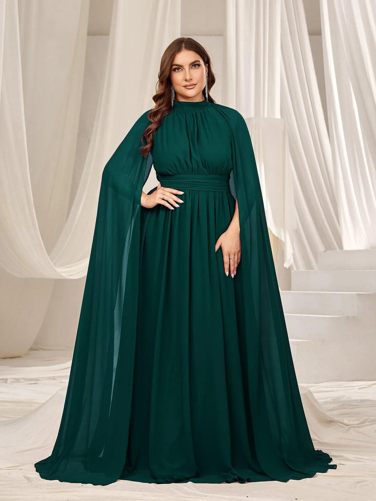 Plus Mock Neck Cloak Sleeves Chiffon Formal Cape Dress - Elonnashop