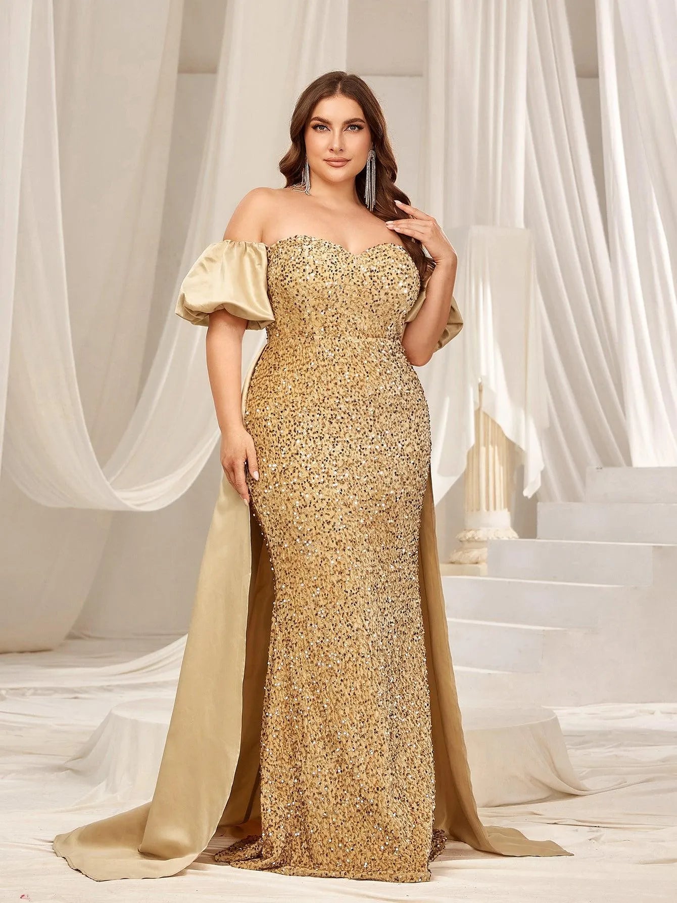 Plus Off Shoulder Puff Sleeves Satin Sequin Mermaid Dress - Elonnashop