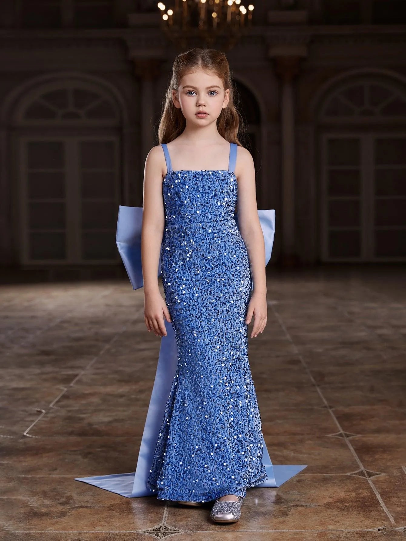 Tween Girls' Square Collar Sequin Mermaid Dress With Big Bow - Elonnashop