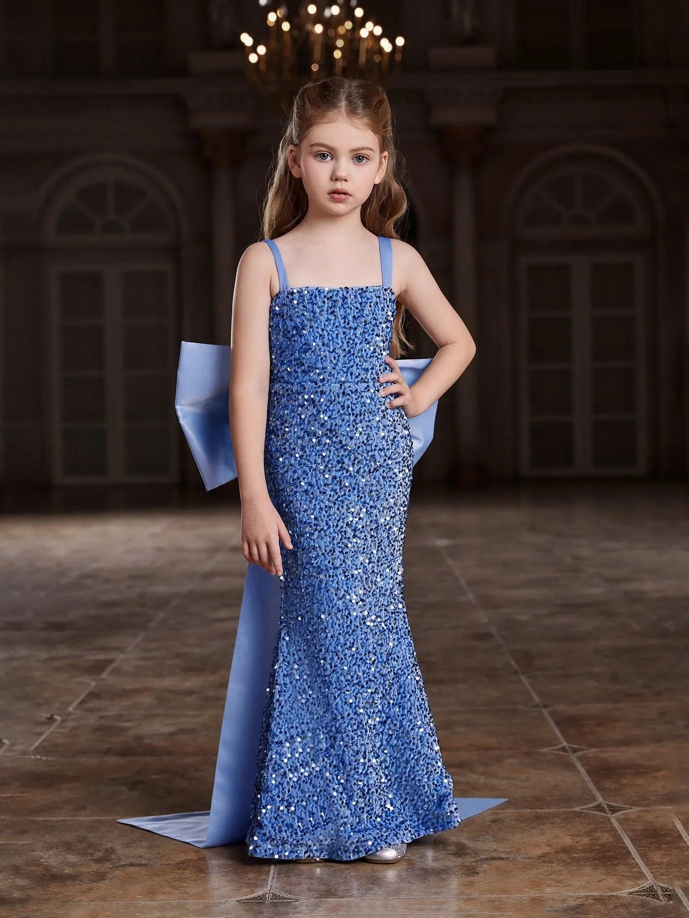 Tween Girls' Square Collar Sequin Mermaid Dress With Big Bow - Elonnashop