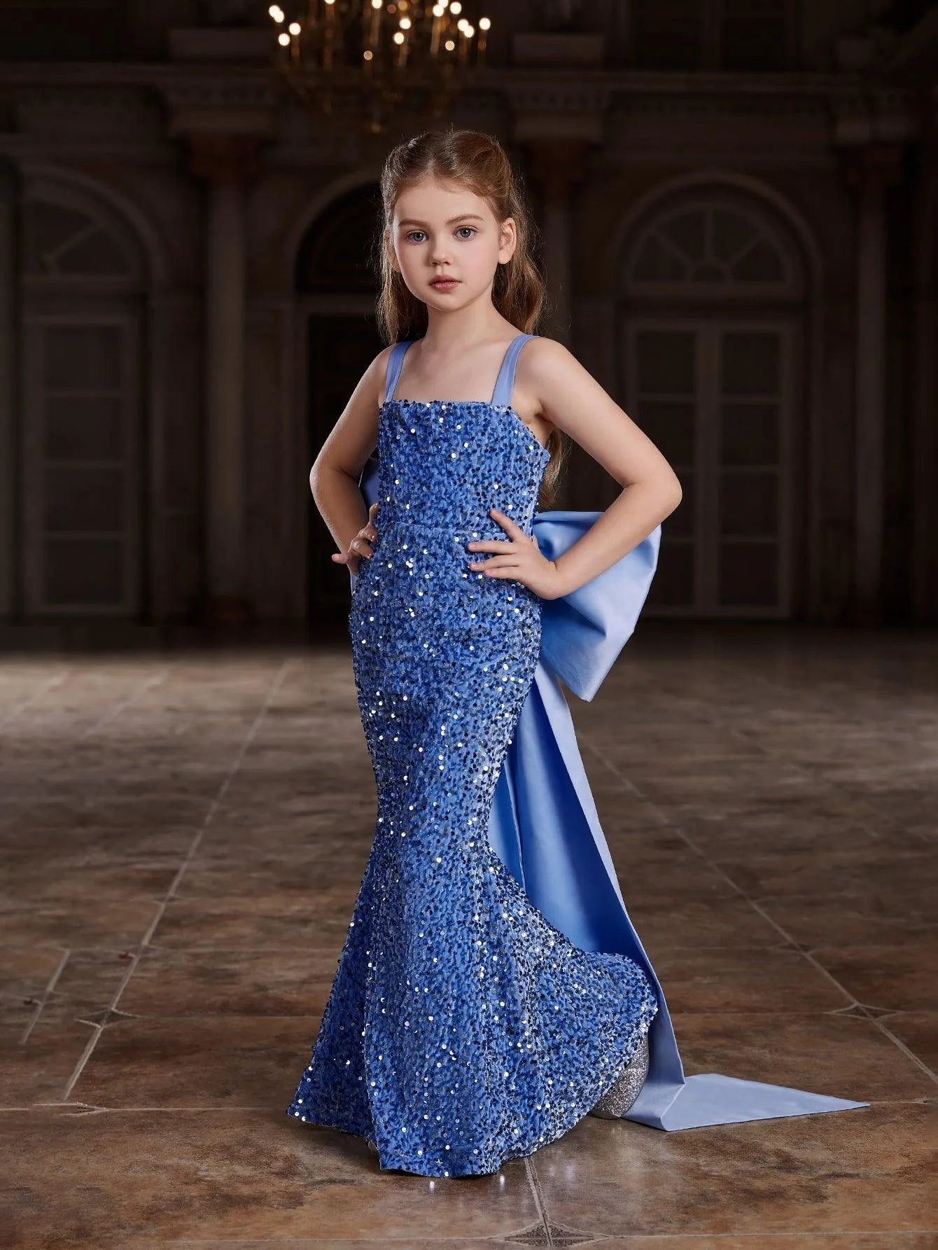 Tween Girls' Square Collar Sequin Mermaid Dress With Big Bow - Elonnashop