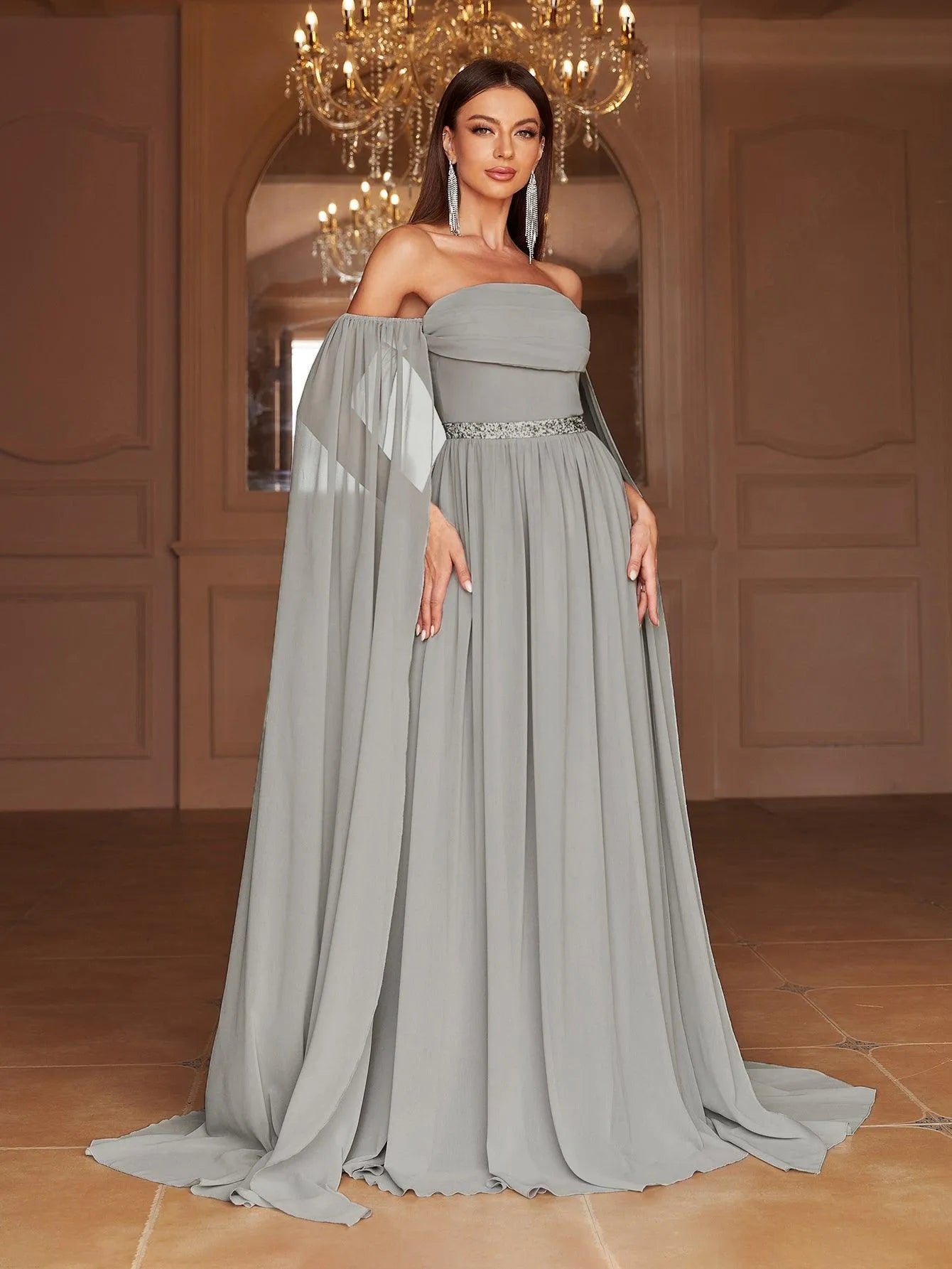 Elegant Off Shoulder Extra-Long Sleeves Chiffon Prom Dress - Elonnashop