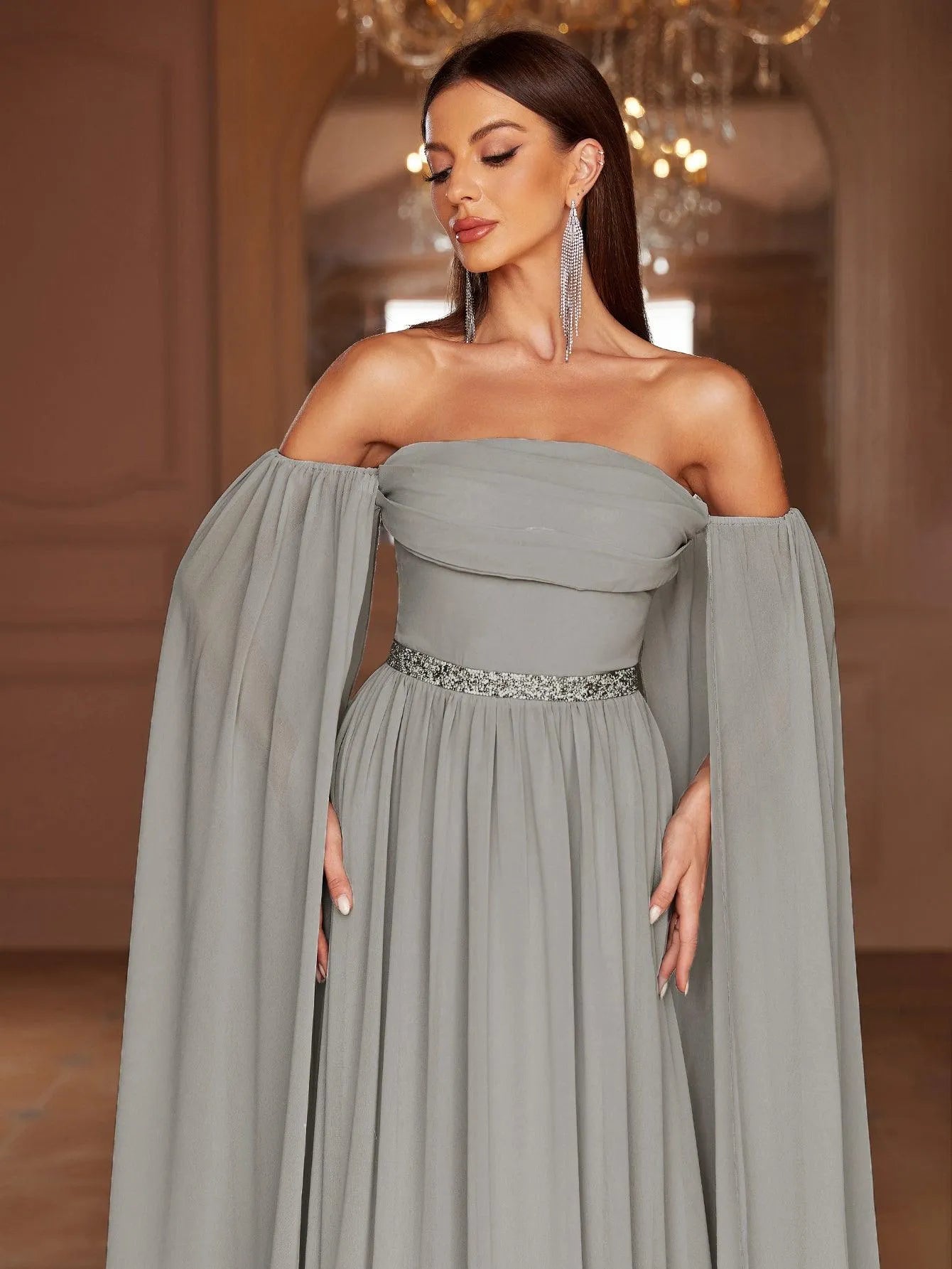 Elegant Off Shoulder Extra-Long Sleeves Chiffon Prom Dress - Elonnashop