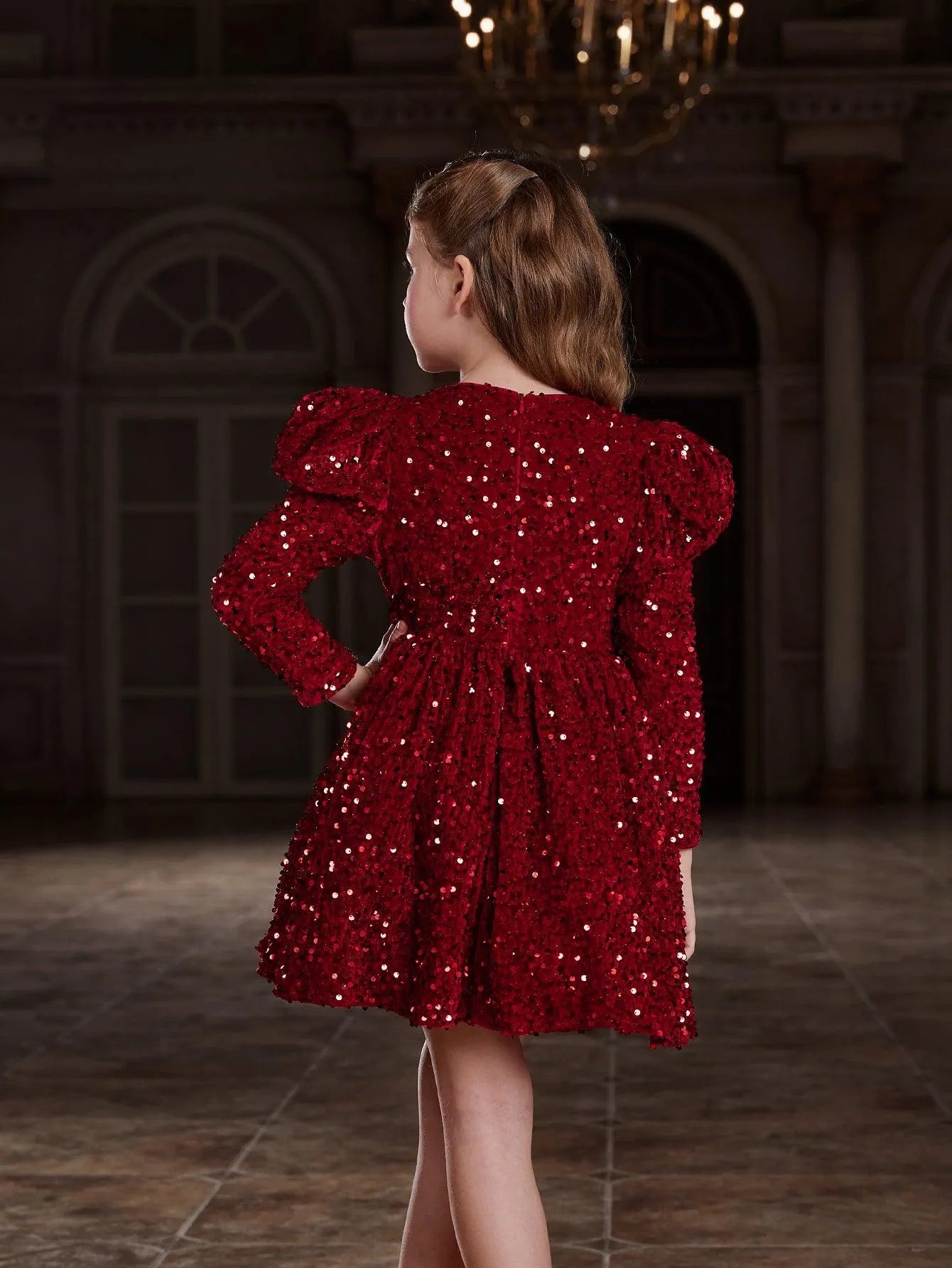 Tween Girls' Gigot Sleeve Bow Decor Sequin Midi Dress - Elonnashop