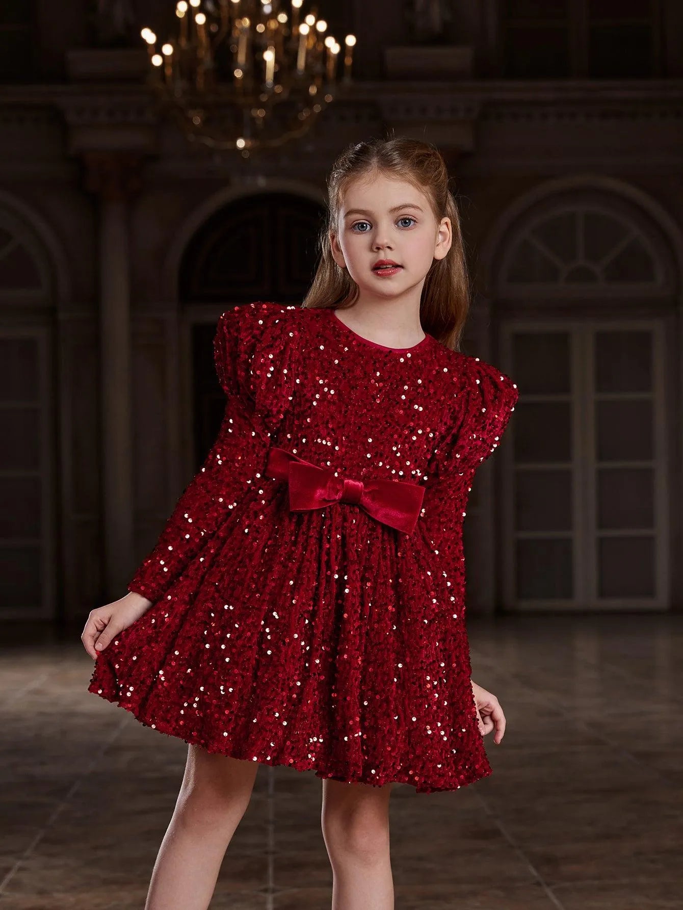 Tween Girls' Gigot Sleeve Bow Decor Sequin Midi Dress - Elonnashop