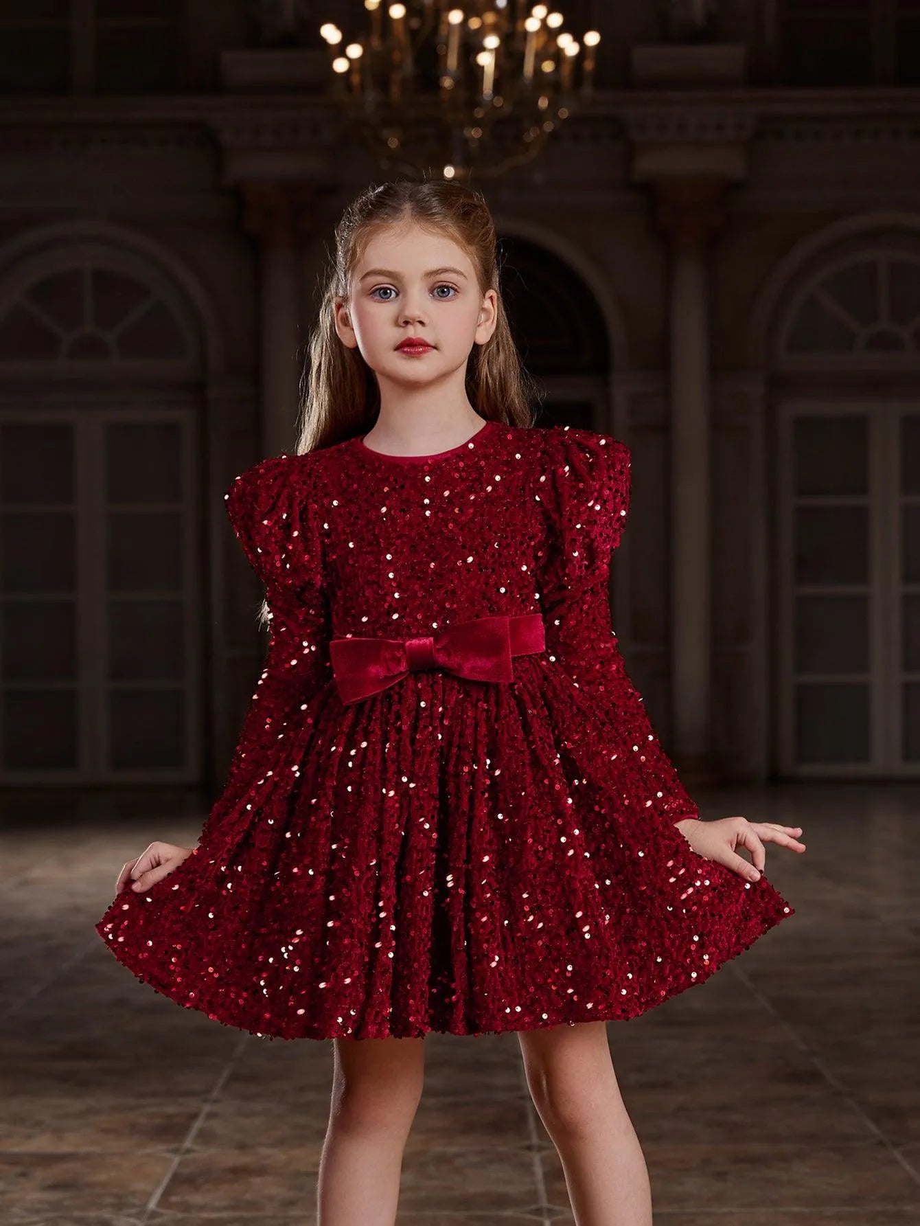 Tween Girls' Gigot Sleeve Bow Decor Sequin Midi Dress - Elonnashop