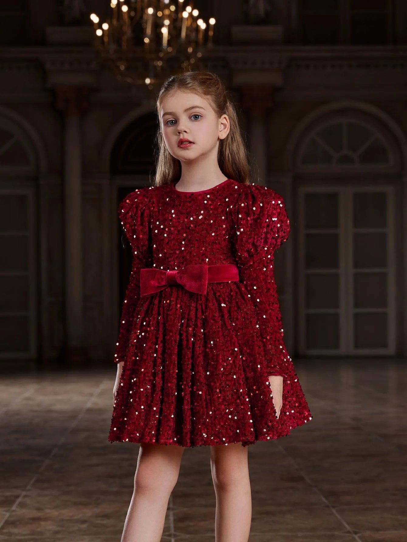 Tween Girls' Gigot Sleeve Bow Decor Sequin Midi Dress - Elonnashop