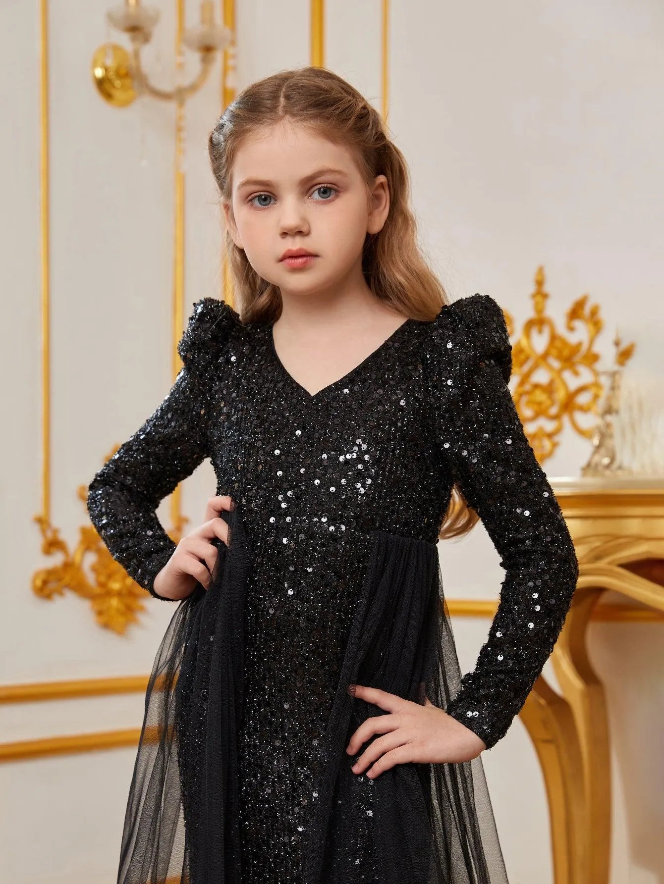 Tween Girls' Long Sleeves Mesh Overlay Sequin Mermaid Dress - Elonnashop