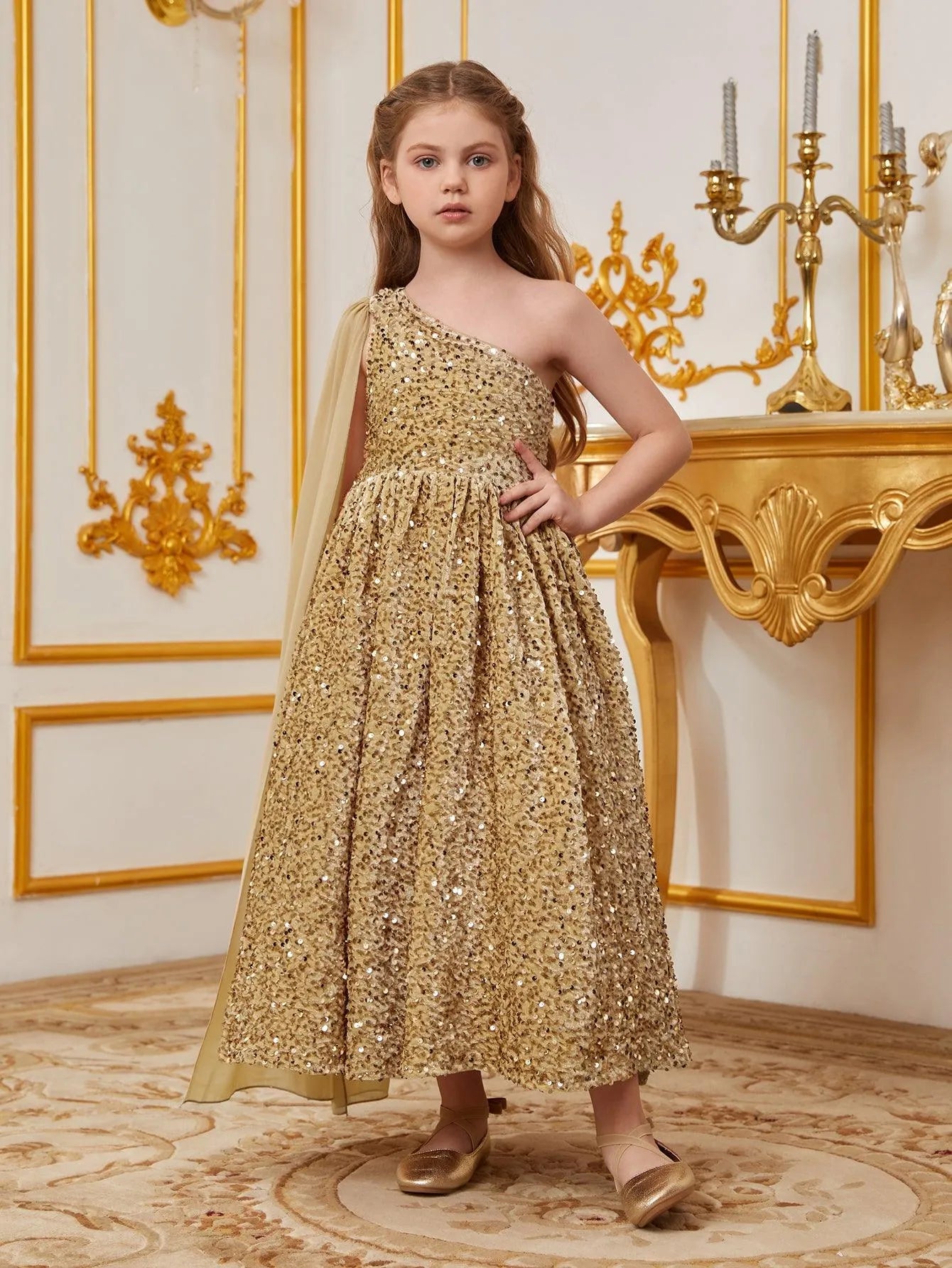 Tween Girls' One Shoulder Draped Side Sequin A Line Dress - Elonnashop