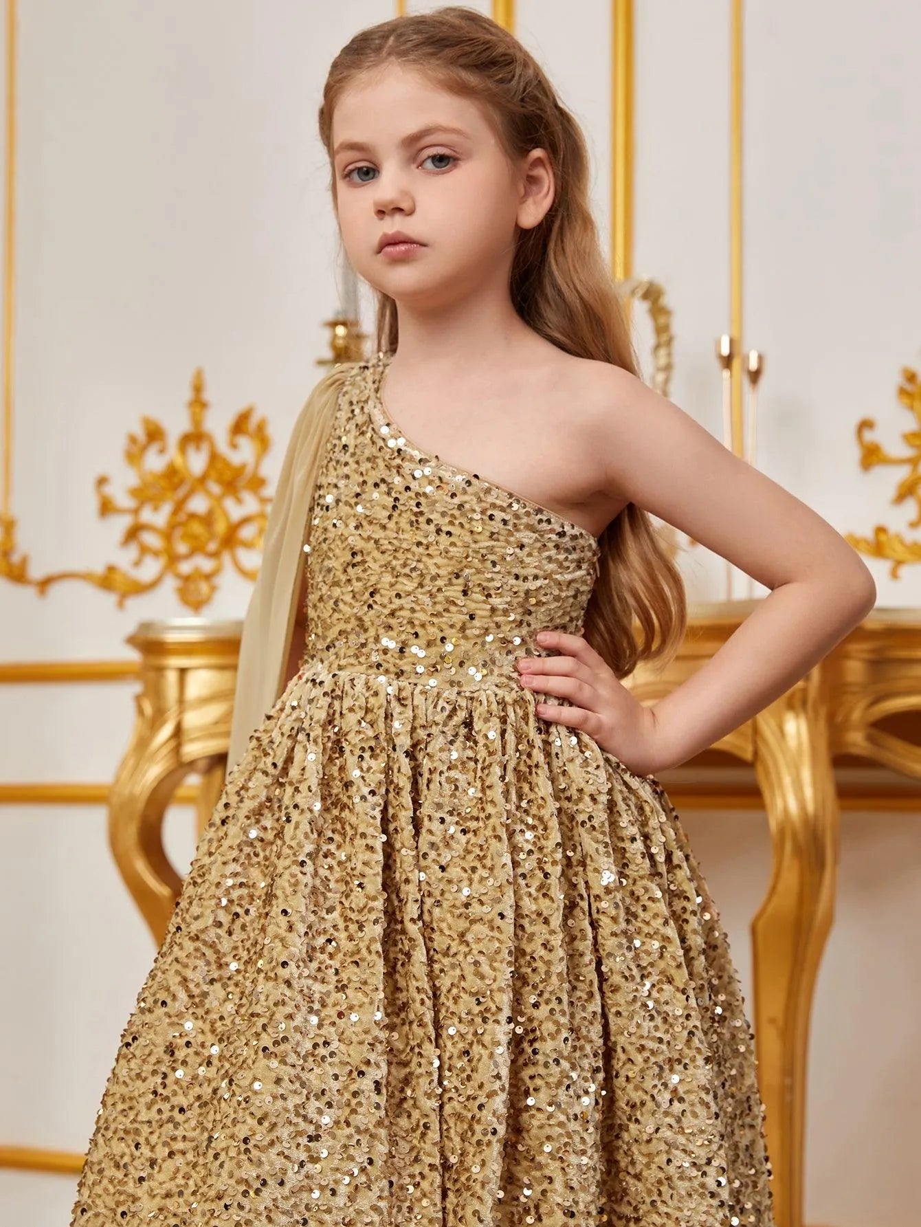 Tween Girls' One Shoulder Draped Side Sequin A Line Dress - Elonnashop