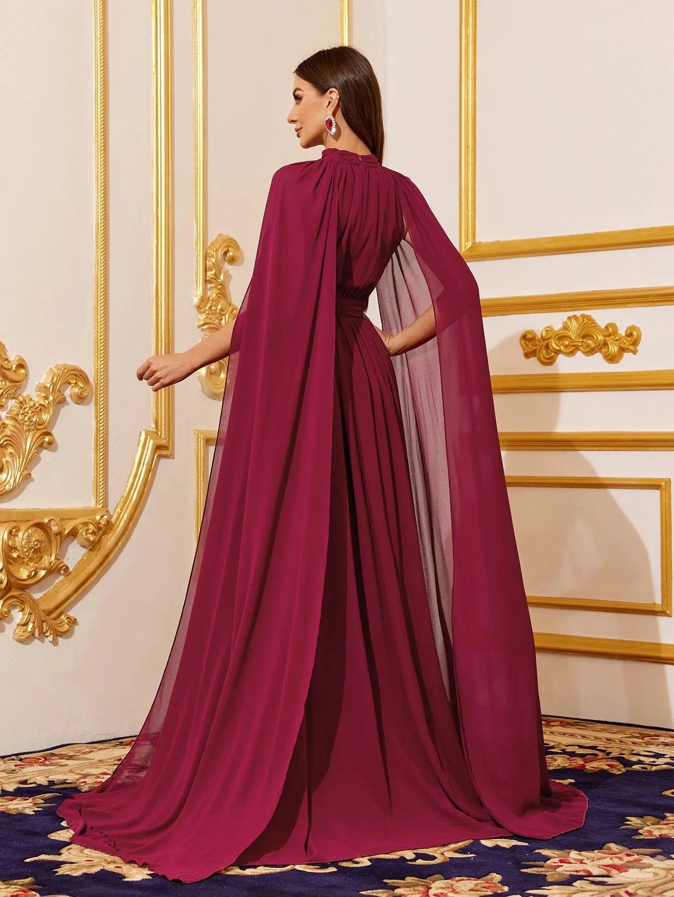 Elegant Mock Neck Cloak Sleeve Chiffon Formal Dress - Elonnashop