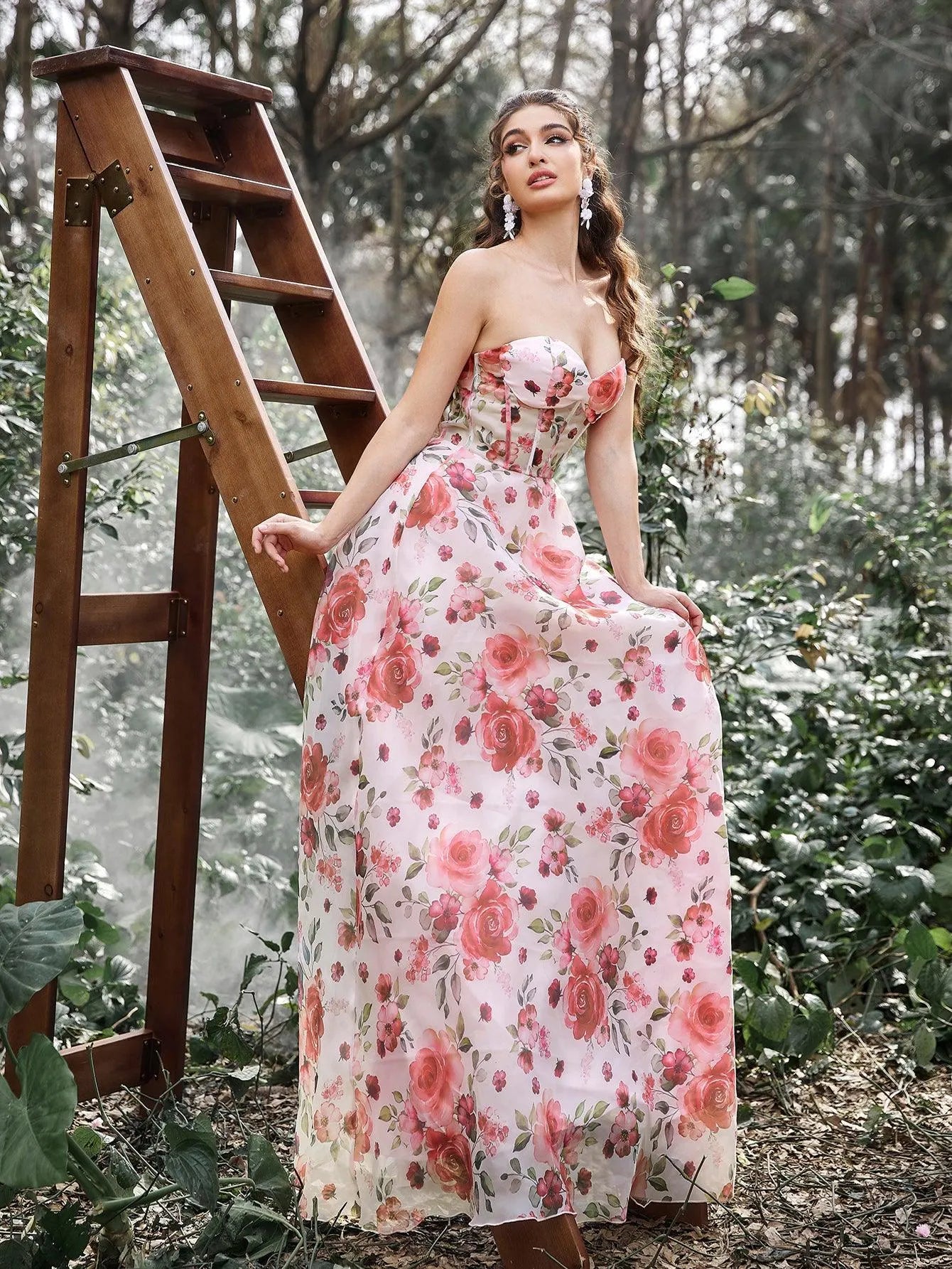 Elegant Lace UP Back Floral Printed Organza Prom Tube Dress - Elonnashop