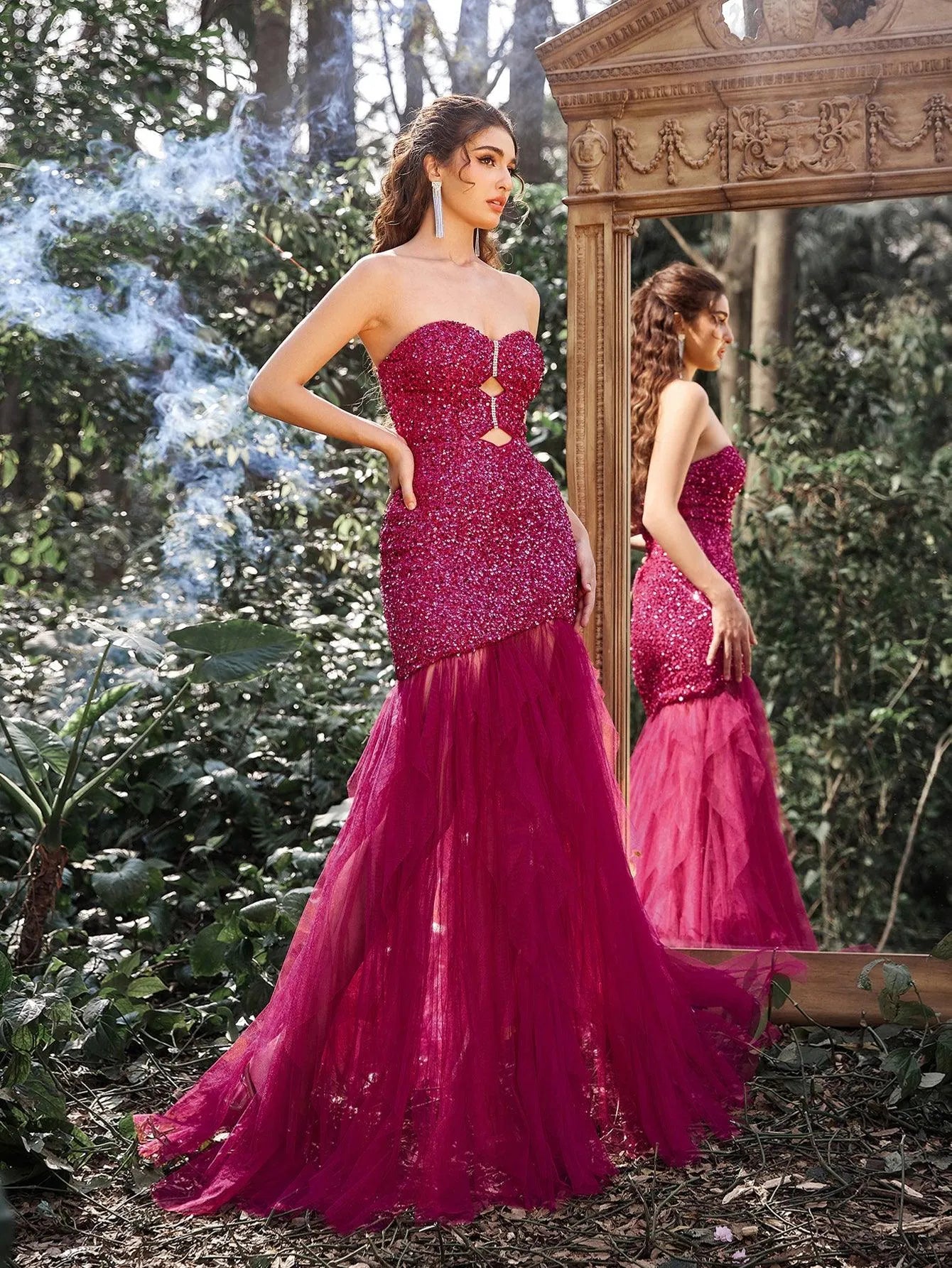 Gorgeous Sequin Bodice Contrast Cascading Tulle Train Strapless Evening Dress - Elonnashop