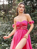 Gorgeous Off Shoulder Floral Applique Detail Bodice Split Tulle Prom Dress - Elonnashop