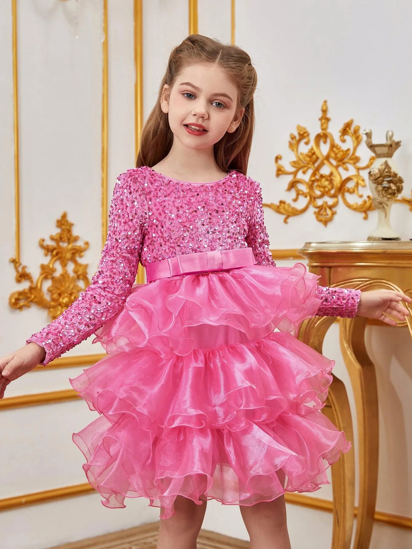 Tween Girls' Sequin Contrast Layered Organza Hem Dress - Elonnashop