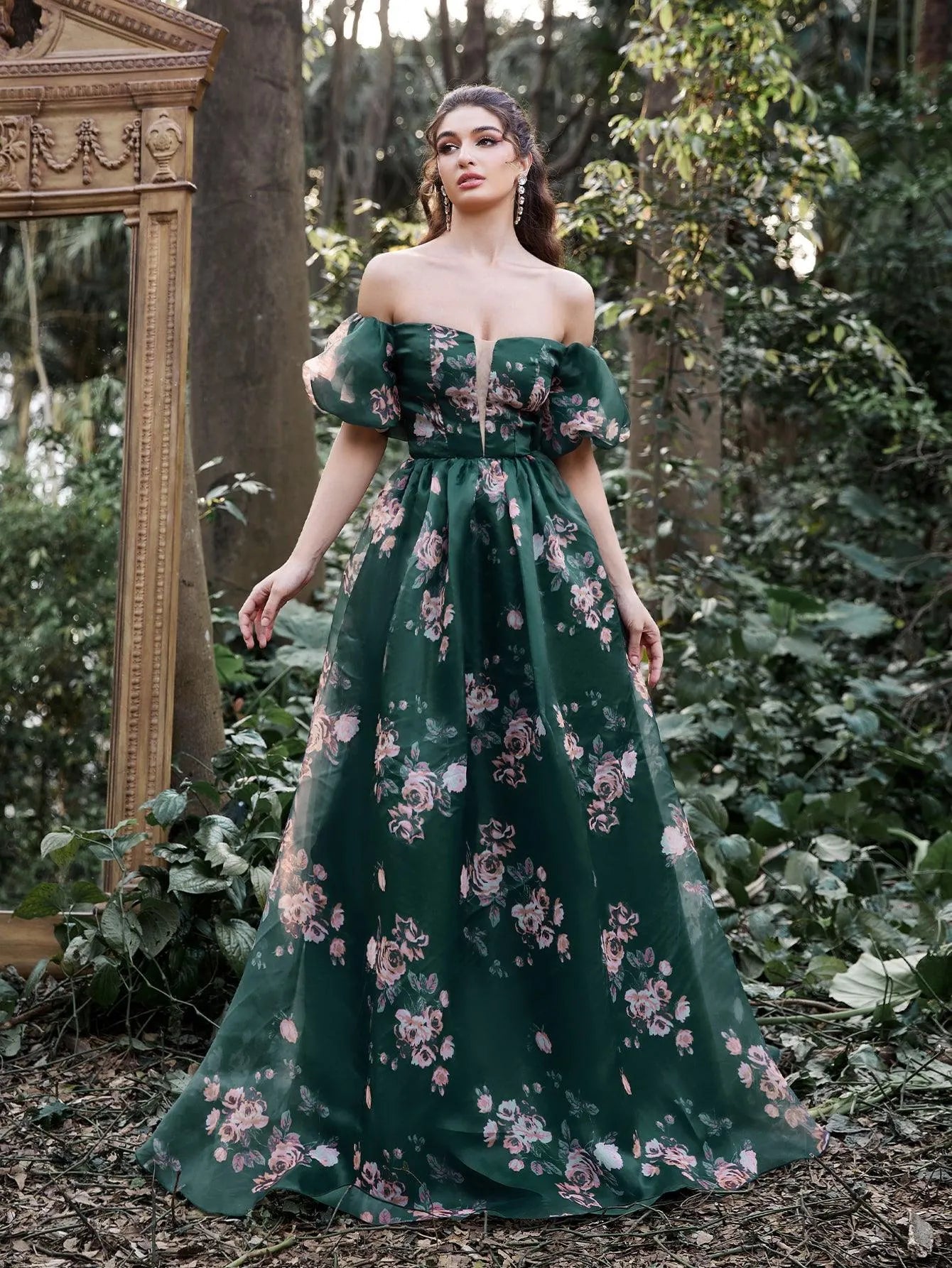 Gorgeous Off Shoulder Puff Sleeves Floral Organza Prom Dress - Elonnashop