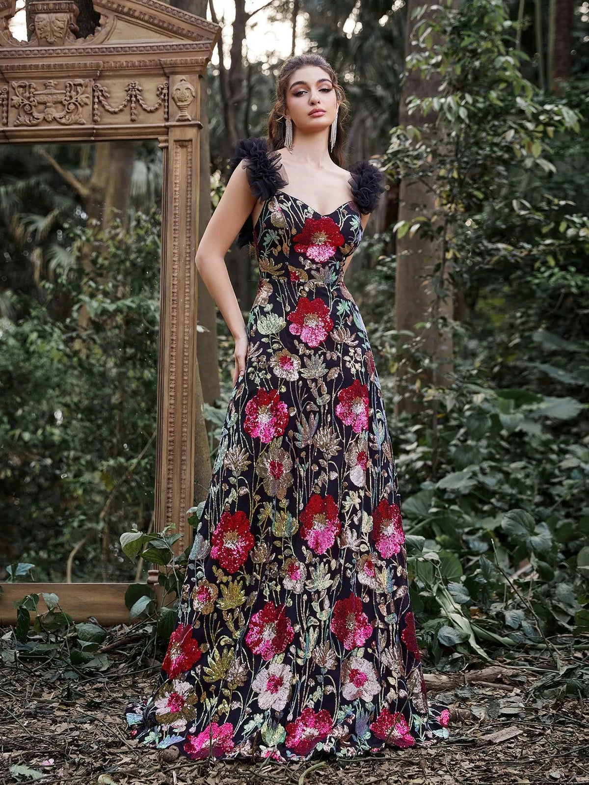 Gorgeous Sweetheart Collar Floral Sequin Embroidered Prom Dress - Elonnashop