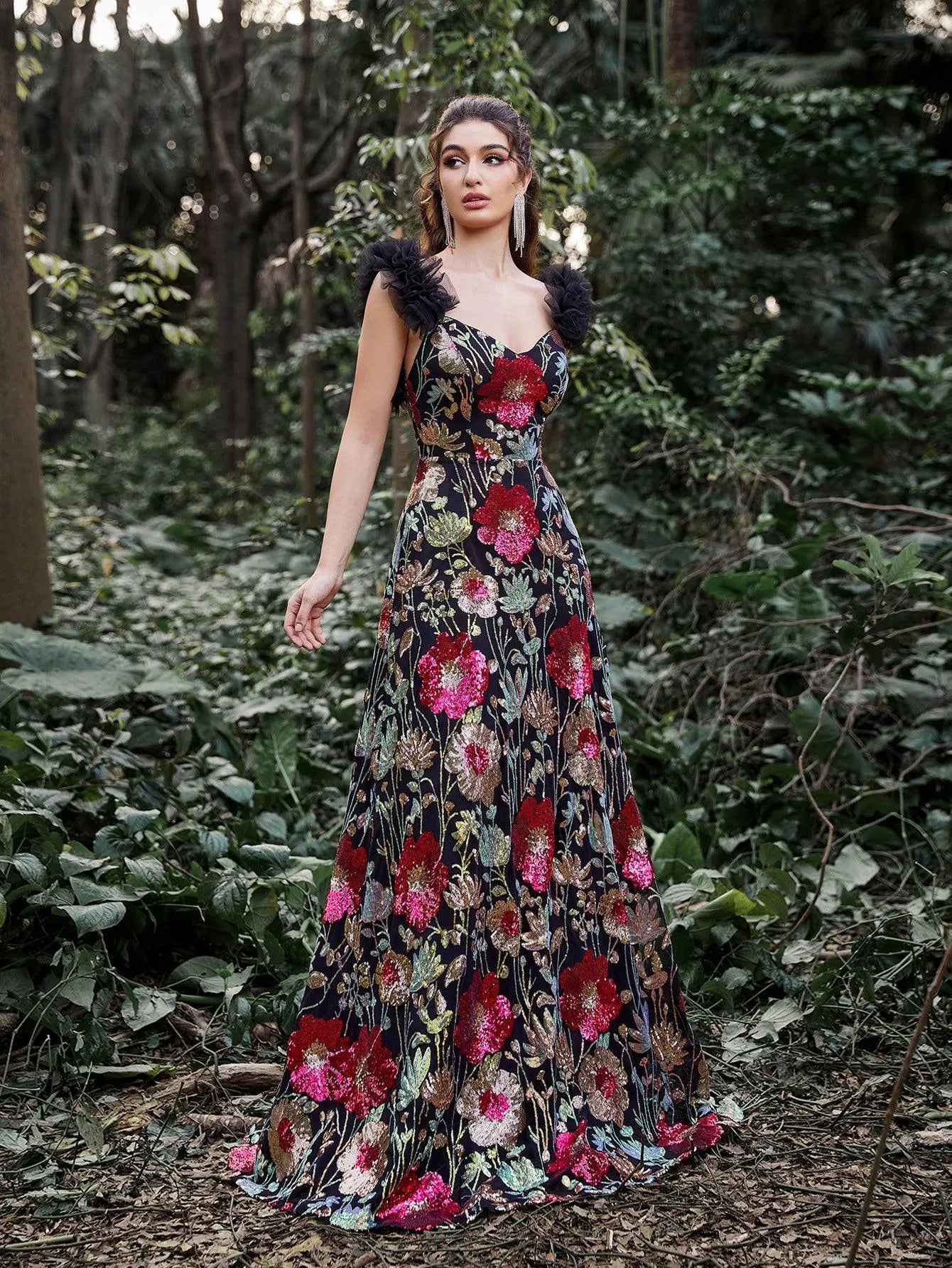 Gorgeous Sweetheart Collar Floral Sequin Embroidered Prom Dress - Elonnashop