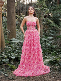 Elegant Floral Tulle Cascading Ruffle Hem Strapless Prom Dress - Elonnashop