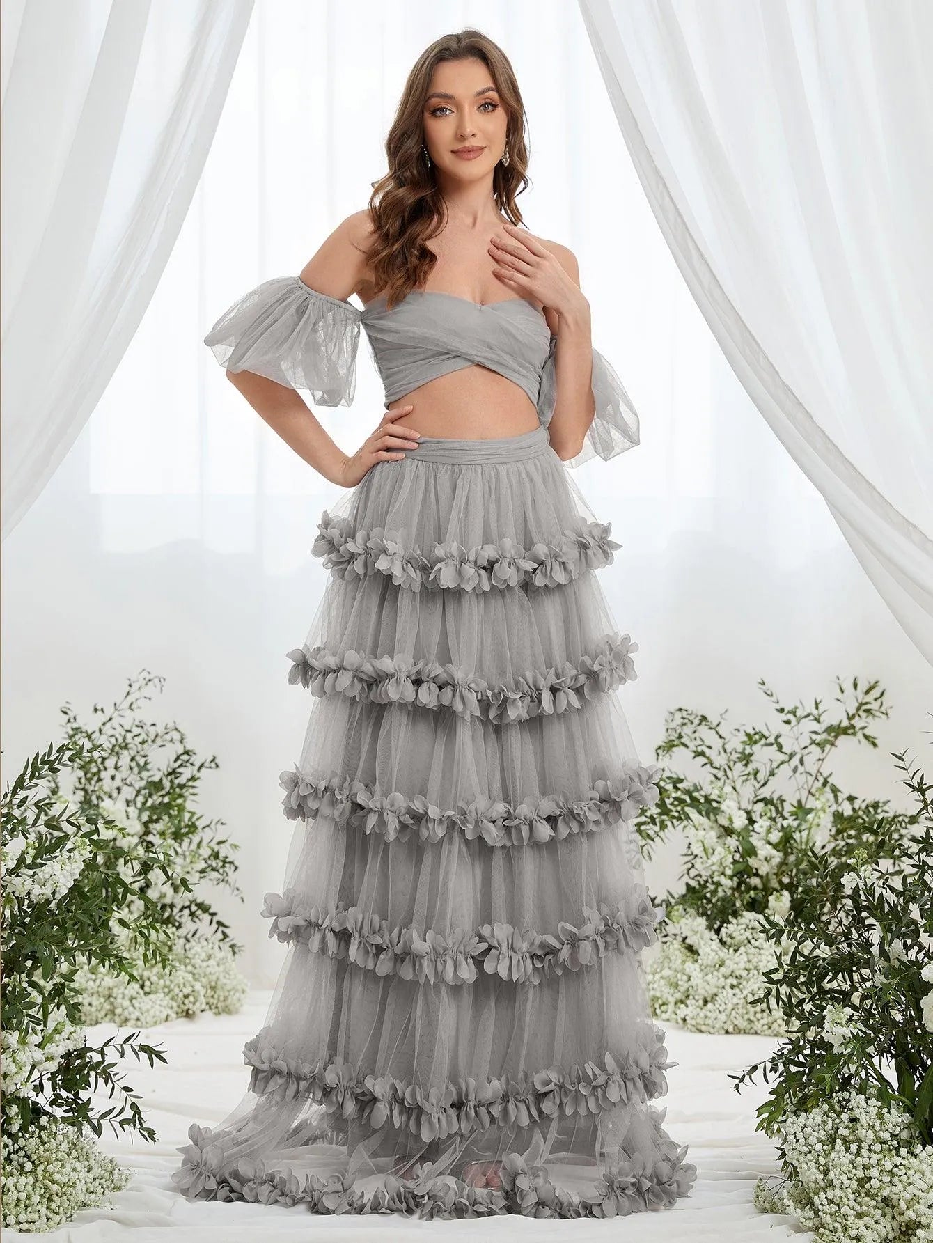 Off Shoulder Puff Sleeve Crop Top & Frill Trim Mesh Skirt - Elonnashop