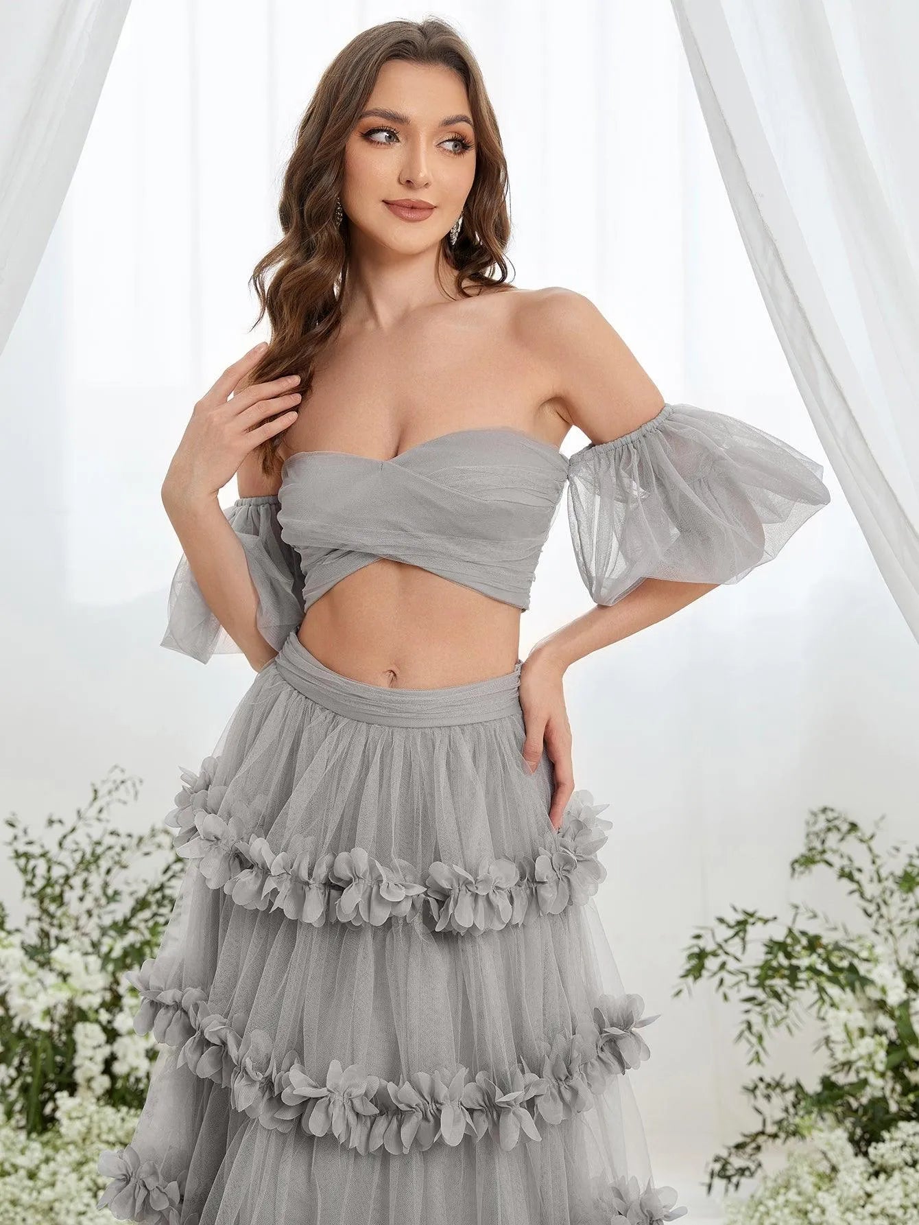 Off Shoulder Puff Sleeve Crop Top & Frill Trim Mesh Skirt - Elonnashop