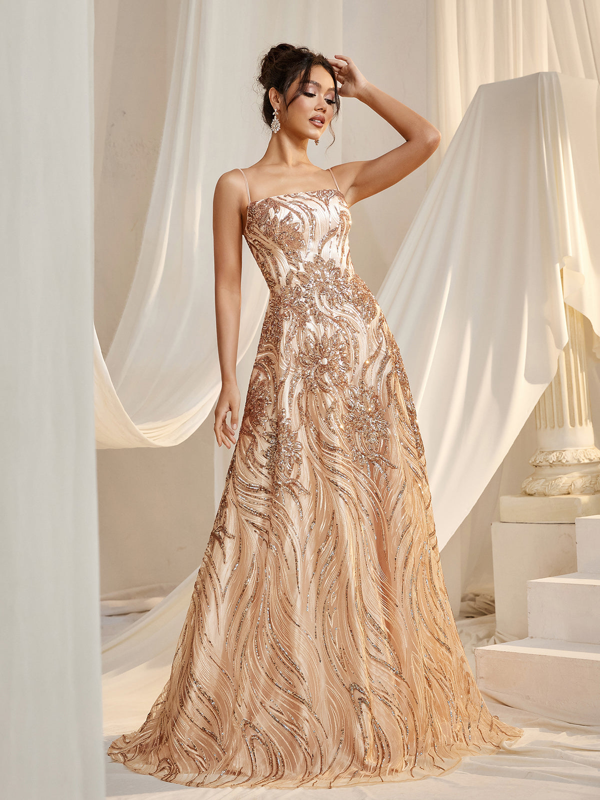 Elegant Spaghetti Straps Graphic Sequin Formal Prom Dress