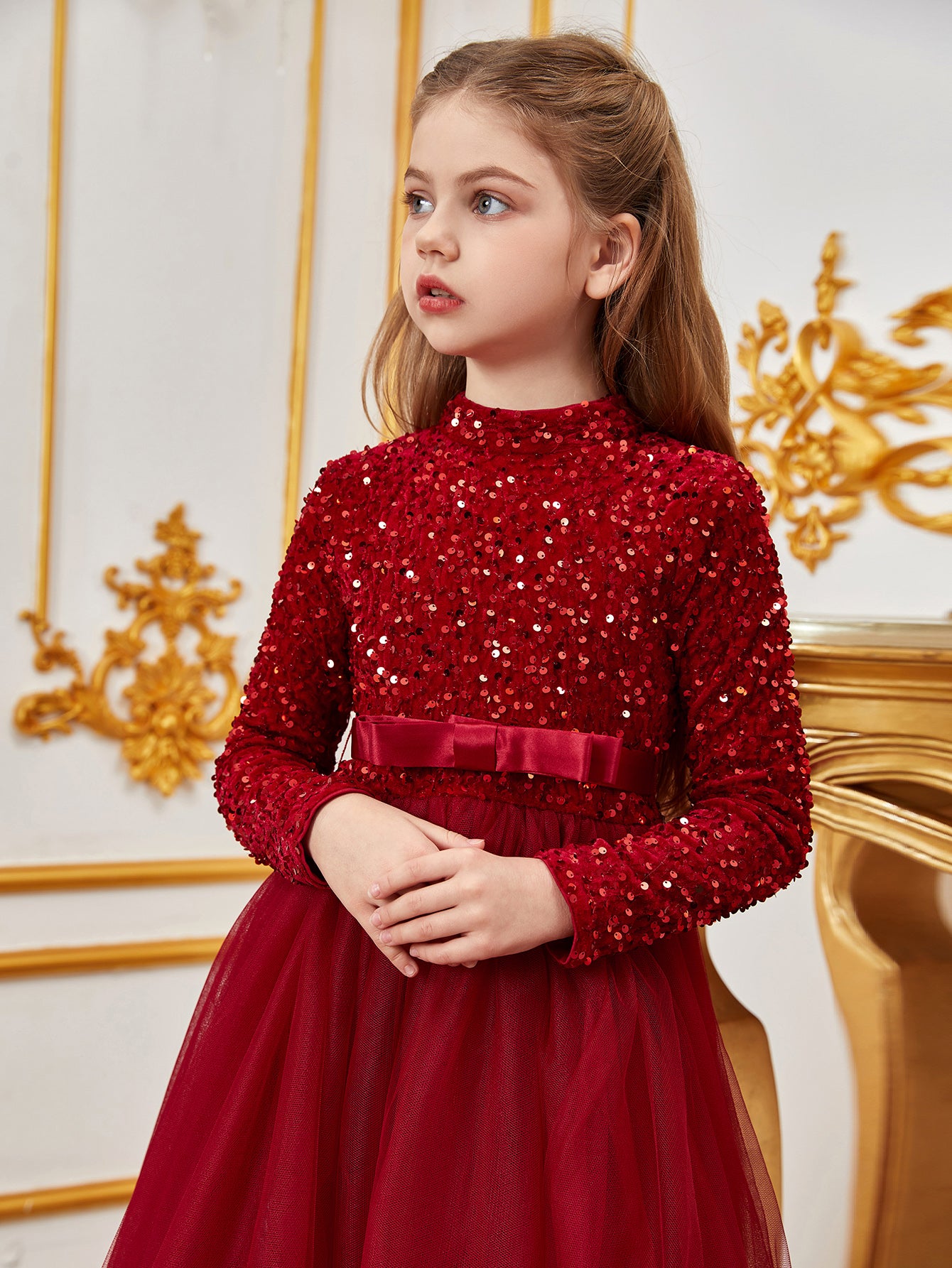 Tween Girls' Mock Neck Bow Detail Sequin Party Dress