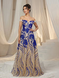 Elegant Off Shoulder Graphic Sequin Formal Prom Dress Evening Dress