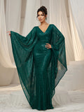 Elegant Plunging Neck Batwing Sleeves Mermaid Hem Sequin Formal Party Dress