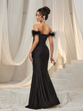 Elegant Off Shoulder Rhinestone Detail Bodice Contrast Split Mermaid Hem Evening Dress