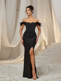 Elegant Off Shoulder Rhinestone Detail Bodice Contrast Split Mermaid Hem Evening Dress